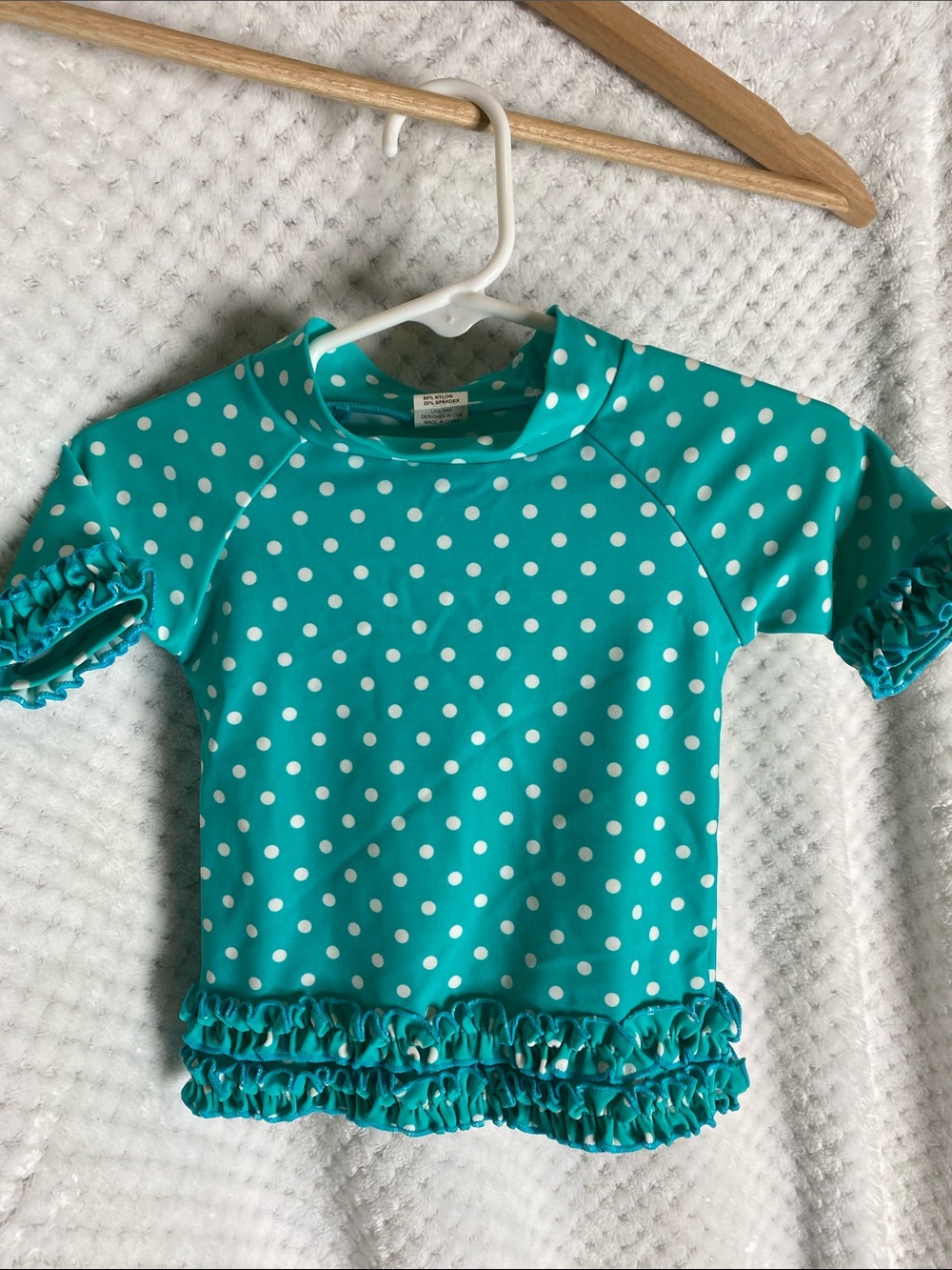Ruffle Butts Teal Polka Dot Ruffle Swim Top Rashguard